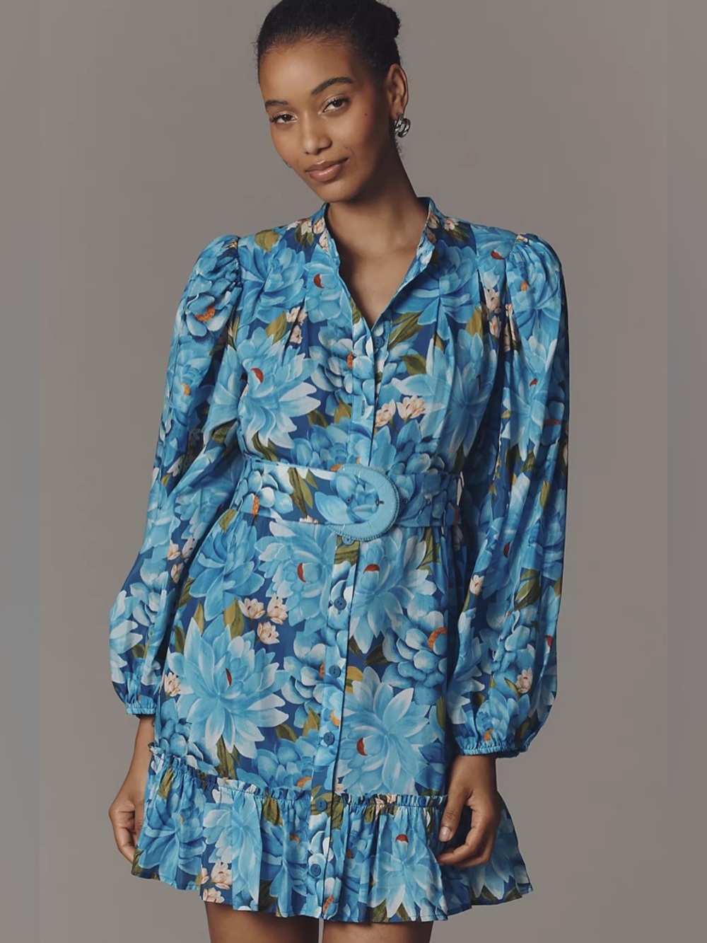 FARM Rio x Anthropologie Blue Floral Long-Sleeve Mini Swing Dress Size Small NWT